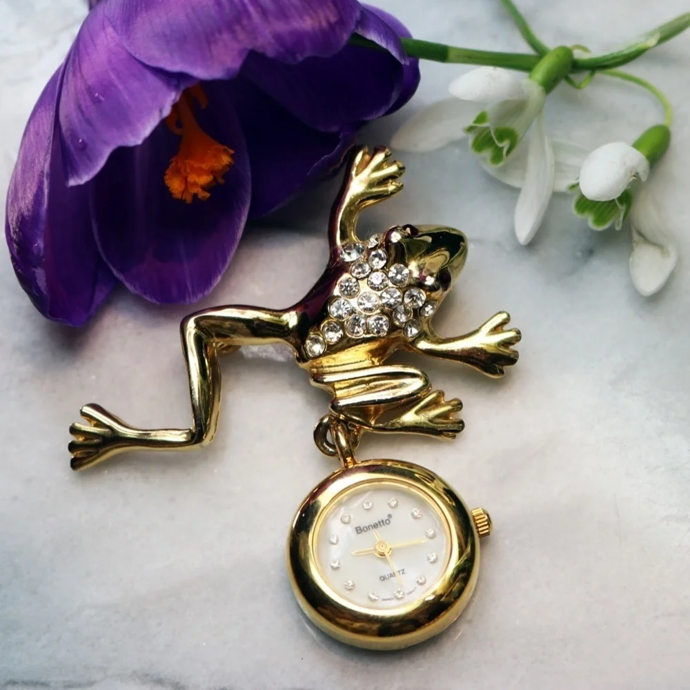 Vintage Bonetto Crystal Frog Watch Brooch